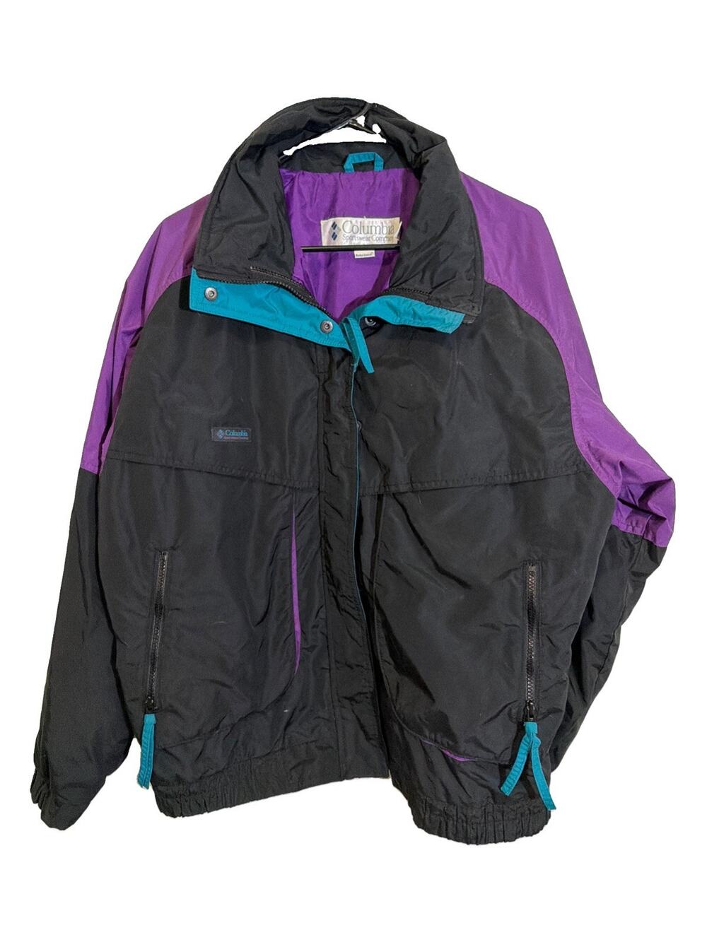 Vintage Columbia Women's XL Hooded Zip Colorblock Ski Jacket Teal Purple